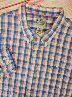 L.L. Bean Traditional Fit Orange & Blue Plaid Button-Down Shirt Medium